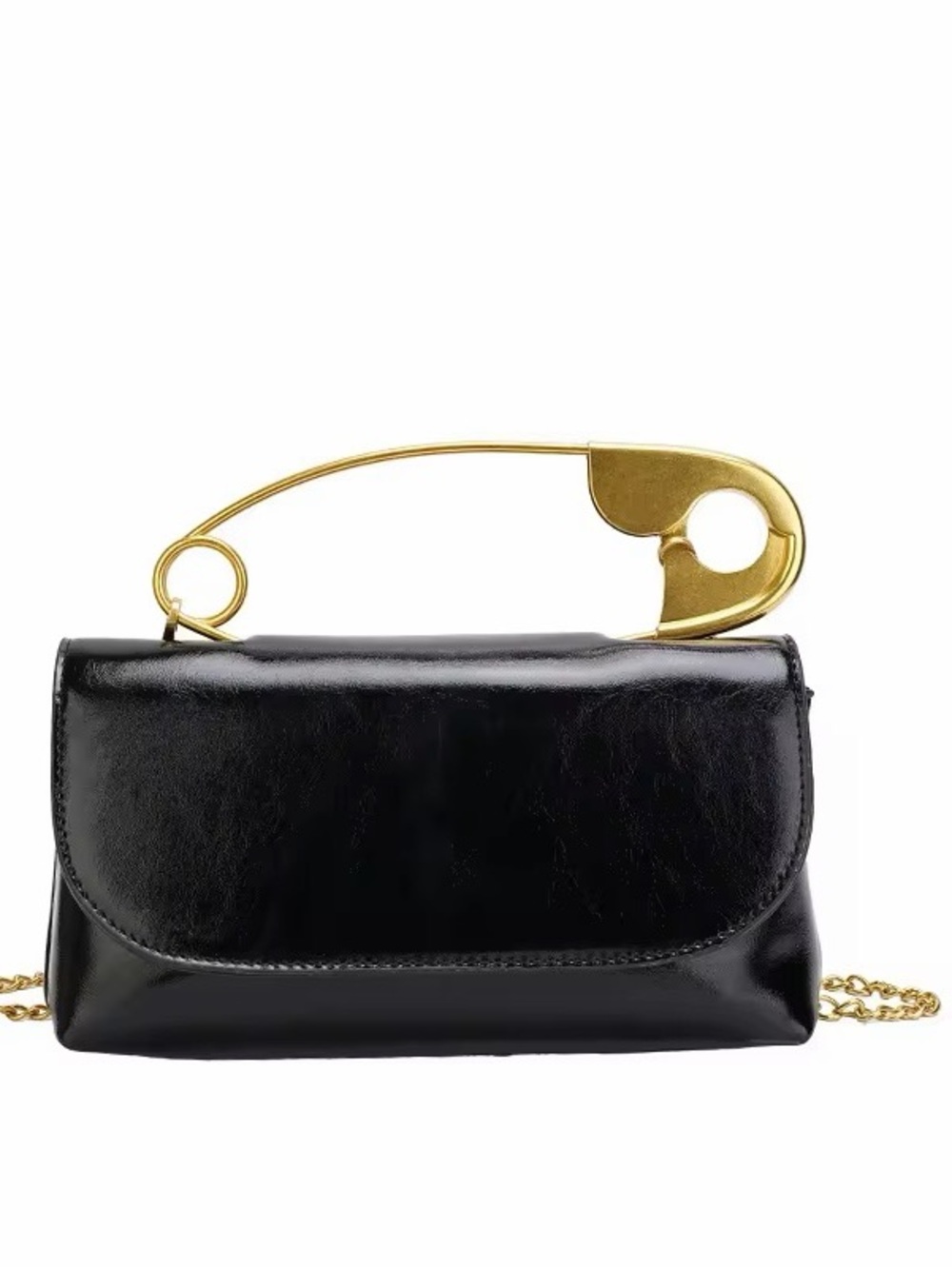 Black Leatherette Safety-Pin Handle Shoulder Bag